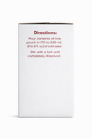 A white pouch box displays instructions for mixing a powdered product with cold water, detailing the amount of water needed and how to stir until fully dissolved.