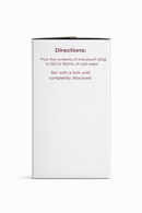 A white pouch with instructions on the back, detailing how to mix its contents with cold water and stir until fully dissolved.