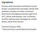 A list of ingredients for a chocolate product, including pecans, milk chocolate, and various additives, with a note on allergens and sustainable sourcing of palm oil.