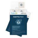 A package of CoQ10 Plus patches is displayed, featuring a blue design with a logo and text highlighting benefits like cholesterol support, containing 30 patches in a hypoallergenic fabric.