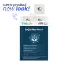 A box of CoQ10 Plus Patches from PatchAid displays a new design, featuring 30 patches and highlighting benefits like supporting normal cholesterol and heart function, with a note about its hypoallergenic fabric.
