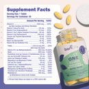 A bottle of BariLife Just One bariatric multivitamin with iron sits on a light surface, surrounded by several yellow tablets, with detailed supplement facts displayed beside it.