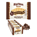 A package of RipVan dark chocolate wafer snacks is shown, featuring a single wafer with cream filling, alongside a box containing multiple wafers and pieces of dark chocolate.