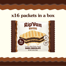 RipVan Wafers box displays a dark chocolate wafer snack with a layered design, highlighting nutritional information including 2g sugar, 5g fiber, and 120 calories, with 16 packets included.