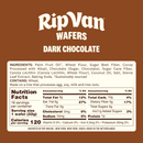 A product label for Rip Van Dark Chocolate Wafers lists ingredients, nutrition facts, and allergen information, highlighting its sustainable sourcing and serving size details.