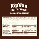 A dark brown package features the title "RipVan Nutty Crunch Dark Choco Peanut," with a detailed ingredient list and nutrition facts highlighting serving size, calories, and key nutrients.
