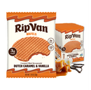 RipVan Wafels package features a caramel-filled stroopwafel with a bite taken out, alongside a display box containing multiple packs, highlighting flavors of Dutch caramel and vanilla.