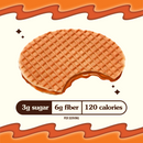 A caramel-filled waffle cookie with a bite taken out, set against a light background with orange accents, features nutritional information highlighting 3g sugar, 6g fiber, and 120 calories per serving.