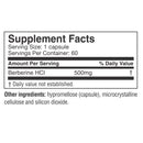 A supplement facts label lists details for a berberine HCl capsule, including serving size, servings per container, and additional ingredients.