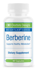 A white bottle labeled "Berberine" contains 60 capsules, promoting healthy metabolism, with branding from "Doctors Designs" and "WEIGHTLAB™ SERIES" prominently displayed.