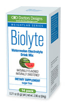 A box of Biolyte Watermelon Electrolyte Drink Mix features a watermelon graphic, highlights its sugar-free and naturally flavored attributes, and indicates it contains 14 packets.
