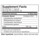 Supplement facts label for a probiotic supplement, detailing serving size, probiotic blend with specific strains, and additional ingredients, emphasizing 15 billion CFU per serving.