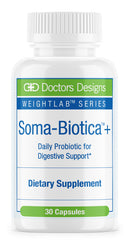 A white bottle labeled "Soma-Biotica+" contains 30 capsules, promoting digestive support as a daily probiotic dietary supplement from the Doctors Designs WeightLab Series.
