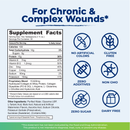 Supplement facts for a product designed for chronic and complex wounds, highlighting nutritional information, serving size, and key features like gluten-free and zero additives, against a light blue background.
