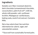A list of ingredients for a food product, including soluble corn fiber, dark chocolate, palm oil, milk, and Madagascar vanilla beans, with a note about calorie content and sustainable sourcing.