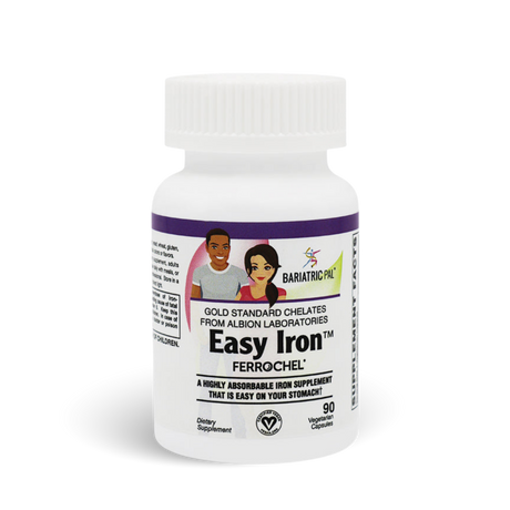 Bottle of BariatricPal Easy Iron with Ferrochel, a highly absorbable iron supplement designed to be gentle on the stomach. Contains 90 vegetarian capsules.