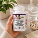Hand holding bottle of BariatricPal Easy Iron with Ferrochel supports healthy iron levels, red blood cell production, energy and vitality while remaining gentle on the stomach. Vegetarian, non-GMO and gluten-free; 180 capsules.