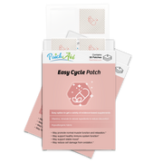 A package of Easy Cycle Patches from PatchAid, featuring a pink background, displays information about the product's benefits, including vitamins and minerals to reduce discomfort.