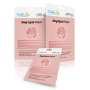 Three packages of "Easy Cycle Patch" by PatchAid are displayed, featuring a pink background, product details, and claims about vitamins and minerals to help reduce discomfort.
