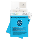 A blue and white product box labeled "Electrolyte Hydration Patch" displays patches designed to support hydration and mineral balance, featuring icons representing electrolytes and wellness benefits.