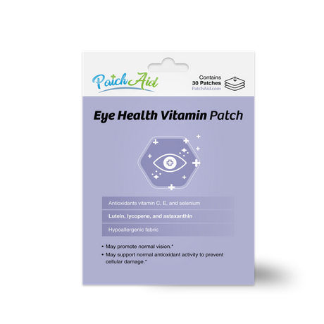 A package for Eye Health Vitamin Patches features a design with an eye symbol, highlights key ingredients like vitamins C and E, and includes benefits for vision and antioxidant support.