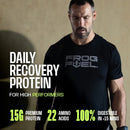 A man in a black shirt with the "Frog Fuel" logo looks down thoughtfully, promoting a protein product that offers 15g of protein, 22 amino acids, and is digestible in under 15 minutes.