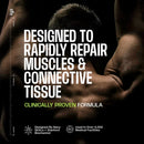 A muscular person is shown from the back, highlighting their shoulders and arms, with bold text stating the product's purpose to rapidly repair muscles and connective tissue, emphasizing its clinical backing.