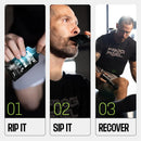 A man in a black Frog Fuel shirt demonstrates three steps: opening a nutrition pouch, sipping from it, and using a recovery tool while seated, all in a gym setting with bright lighting.