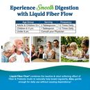 A diverse group of adults and children happily drink from clear glasses, promoting Liquid Fiber Flow for smooth digestion, with a product bottle visible on a table in a bright, inviting setting.