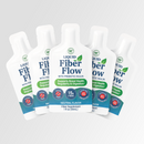 Five bottles of Liquid Fiber Flow, a fiber supplement with prebiotic inulin, are displayed against a light gray background, featuring labels that highlight benefits like bowel health and a neutral flavor.