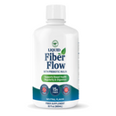 A white bottle of Liquid Fiber Flow, labeled with "Supports Bowel Health, Regularity & Digestion," contains 15g of fiber, is sugar-free, and has a neutral flavor, designed as a fiber supplement.