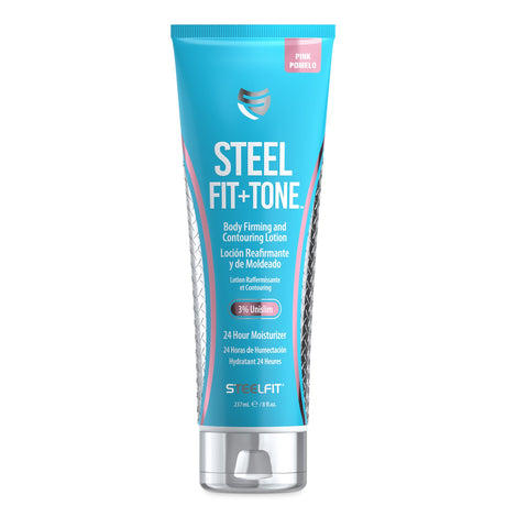 A turquoise tube of Steel Fit + Tone body firming and contouring lotion, labeled "Pink Pomelo," highlights its moisturizing properties and contains 3% Unislim for skin tightening effects.
