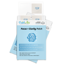 A package of PatchAid's Focus + Clarity Patches, featuring a light blue design with a hexagon graphic, lists ingredients and benefits, and contains 30 patches aimed at enhancing memory and concentration.