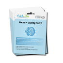 A package of "Focus + Clarity Patches" featuring a blue design, listing ingredients like B vitamins and ginseng, and highlighting benefits for memory and brain health, with 30 patches included.