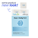 A box of Focus + Clarity Patches from PatchAid, featuring a light blue design, displays the product name and benefits, with a note indicating a new look for the same product containing 30 patches.
