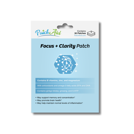 A product package for "Focus + Clarity Patch" displays a light blue background, features a hexagonal design, and lists benefits like supporting memory and promoting brain health, with details about its ingredients.