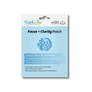 A product package for "Focus + Clarity Patch" displays a light blue background, features a hexagonal design, and lists benefits like supporting memory and promoting brain health, with details about its ingredients.
