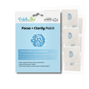 A package of Focus + Clarity patches is displayed, featuring a light blue background with a graphic of a head and brain, and text highlighting ingredients and benefits for memory and concentration.