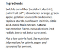 A list of ingredients for a food product, including soluble corn fiber, palm fruit oil, various fruits, gelatin, and natural flavors, with a note about calorie and nutritional information.
