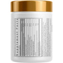 A white supplement jar with a gold lid displays detailed supplement facts, including ingredient amounts and serving size, designed for health-conscious consumers.