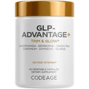 A white container with a gold lid labeled "GLP-ADVANTAGE+ TRIM & GLOW®" contains 60 vegetable capsules, featuring ingredients like Akkermansia, Berberine, and Green Tea, marketed as a dietary supplement.
