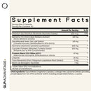 A supplement facts label lists ingredients and nutritional information for a dietary supplement, detailing serving size, amounts per serving, and daily values for various components.