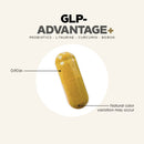 A yellow capsule labeled "GLP-ADVANTAGE+" is shown against a light background, with annotations indicating its size of 0.90 inches and a note about potential natural color variation.