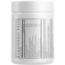 A white supplement container displays the nutritional facts label, listing various extracts and ingredients, indicating a focus on health and wellness.