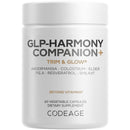 A white container labeled "GLP-HARMONY COMPANION+ TRIM & GLOW®" features the product name and ingredients, indicating it contains 60 vegetable capsules as a dietary supplement.