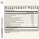 A supplement facts label details ingredients and amounts per serving for a dietary supplement, including Lion's Mane mushroom, Palmitoylethanolamide, and various fruit extracts, with additional notes on other ingredients.