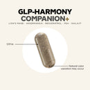 A close-up of a 0.91-inch dietary supplement capsule, showcasing its speckled brown color, with text indicating the product name "GLP-HARMONY COMPANION+" and a note about natural color variation.