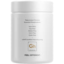 A white container labeled "Triple-Action Formula Essential Phospholipids" displays dietary claims such as non-GMO, soy-free, and gluten-free, with a "cGMP-Certified Manufacturing" logo.
