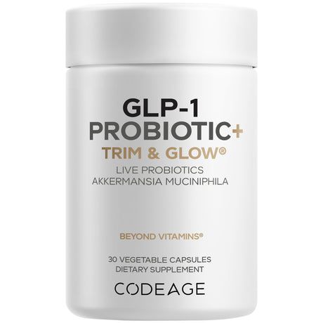 A white container labeled "GLP-1 PROBIOTIC+ TRIM & GLOW" contains 30 vegetable capsules, promoting live probiotics and dietary supplements for health benefits.
