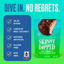 A bright green background features a package of Skinny Dipped Dark Chocolate Coconut Almond Bites, highlighting key benefits like low sugar, gluten-free, and non-GMO.